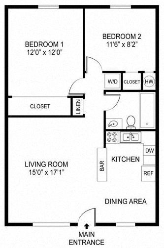 A black and white image of a floor plan for a two bedroom apartment.